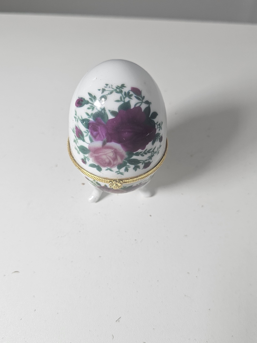 Porcelain Floral Egg Trinket Box - Purple & Pink Roses